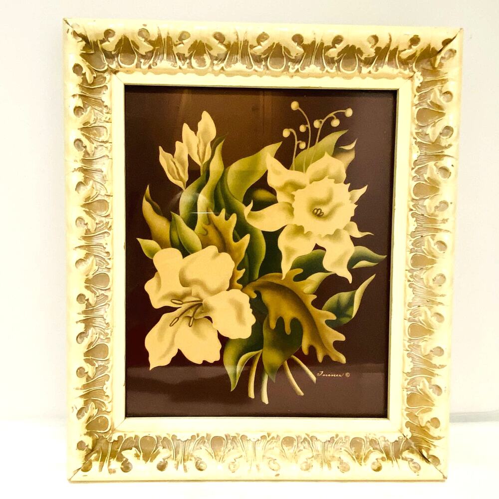 Mid Century Turner Floral Print Original Frame Maroon & Creamy White Signed